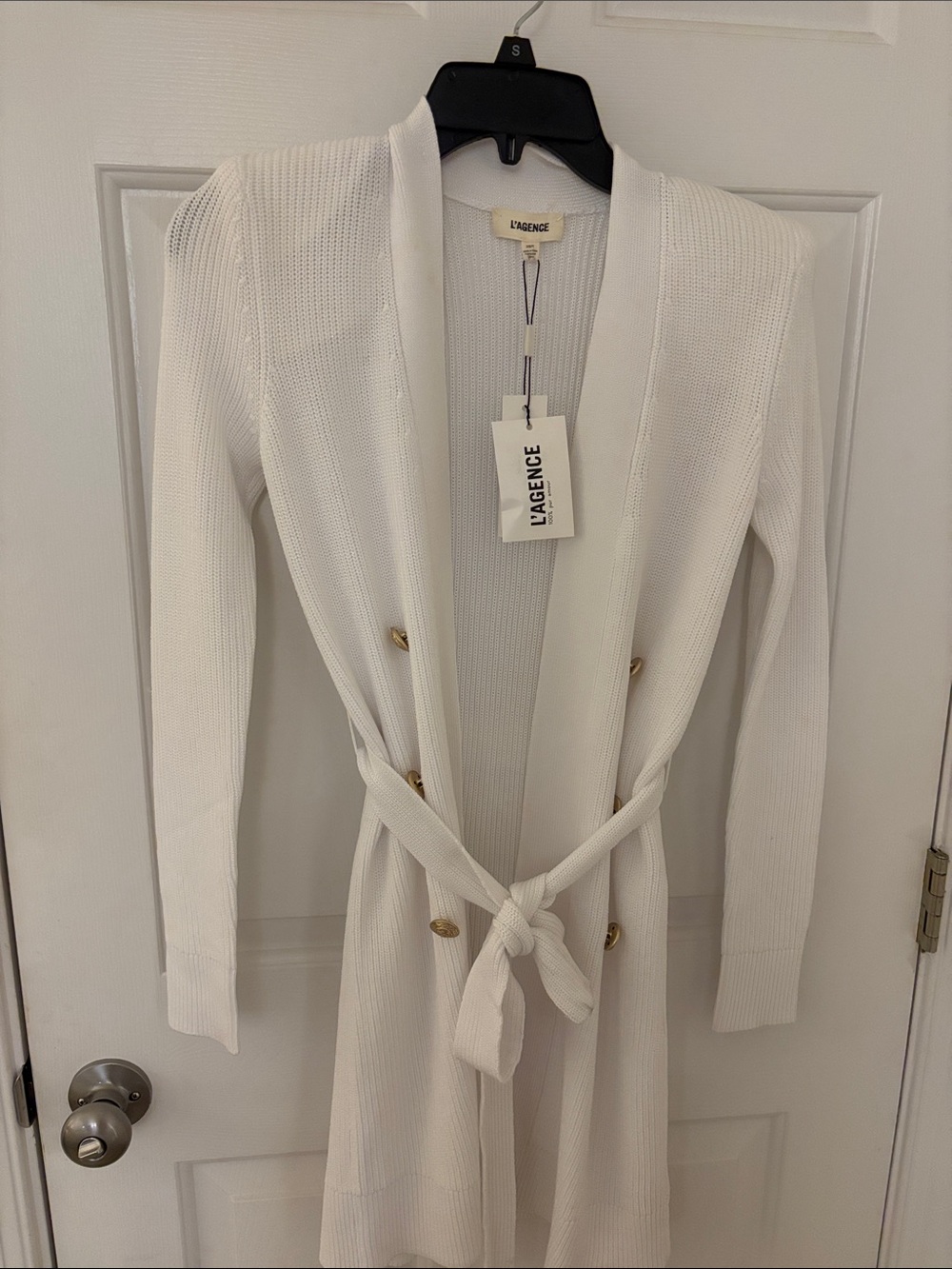 L'AGENCE Cream Knit Belted Cardigan with Gold Buttons - Picture 1 of 10